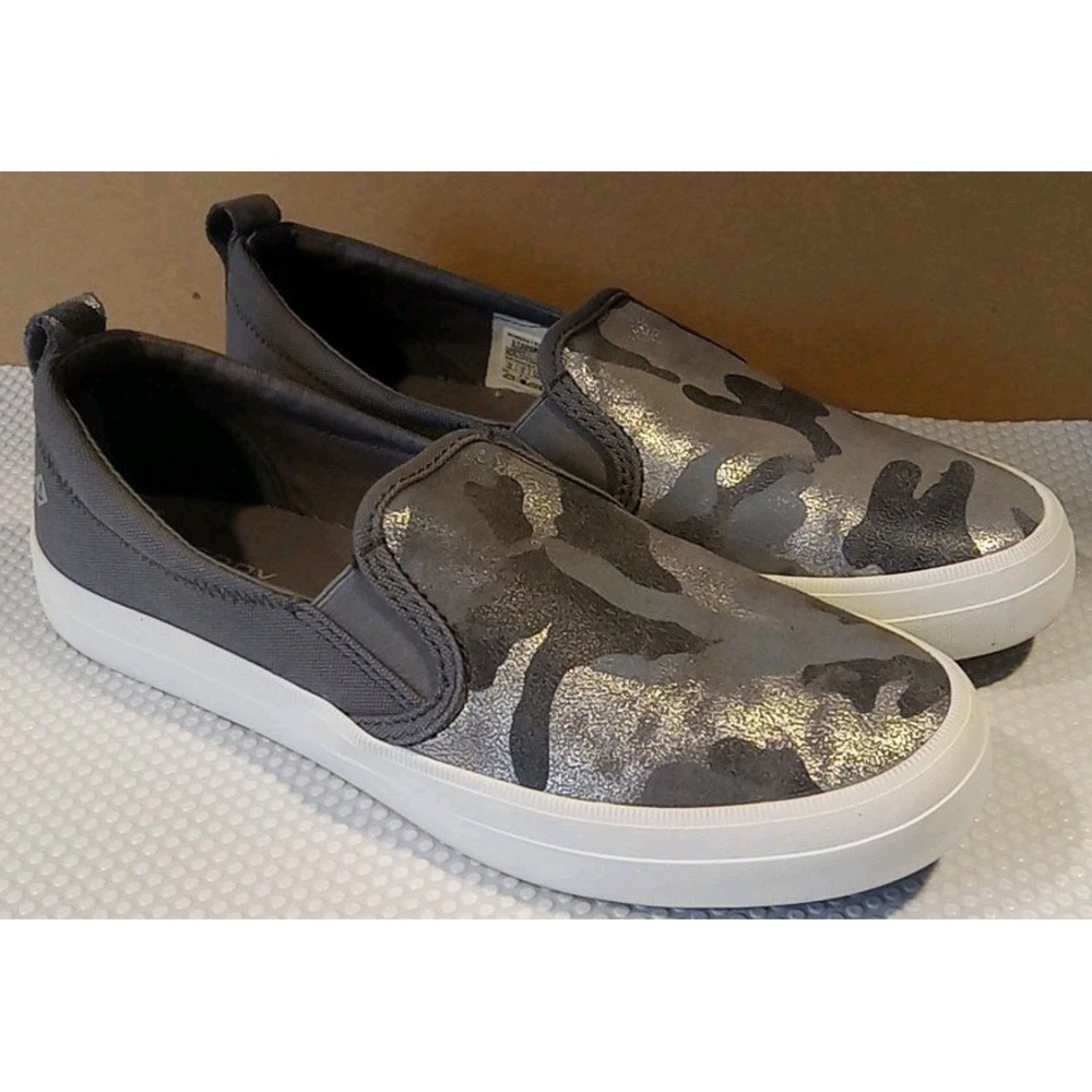 Sperry Women Crest Twin Gore Silver Grey Camo Slip On‎ Sneakers EUC Size 8.5